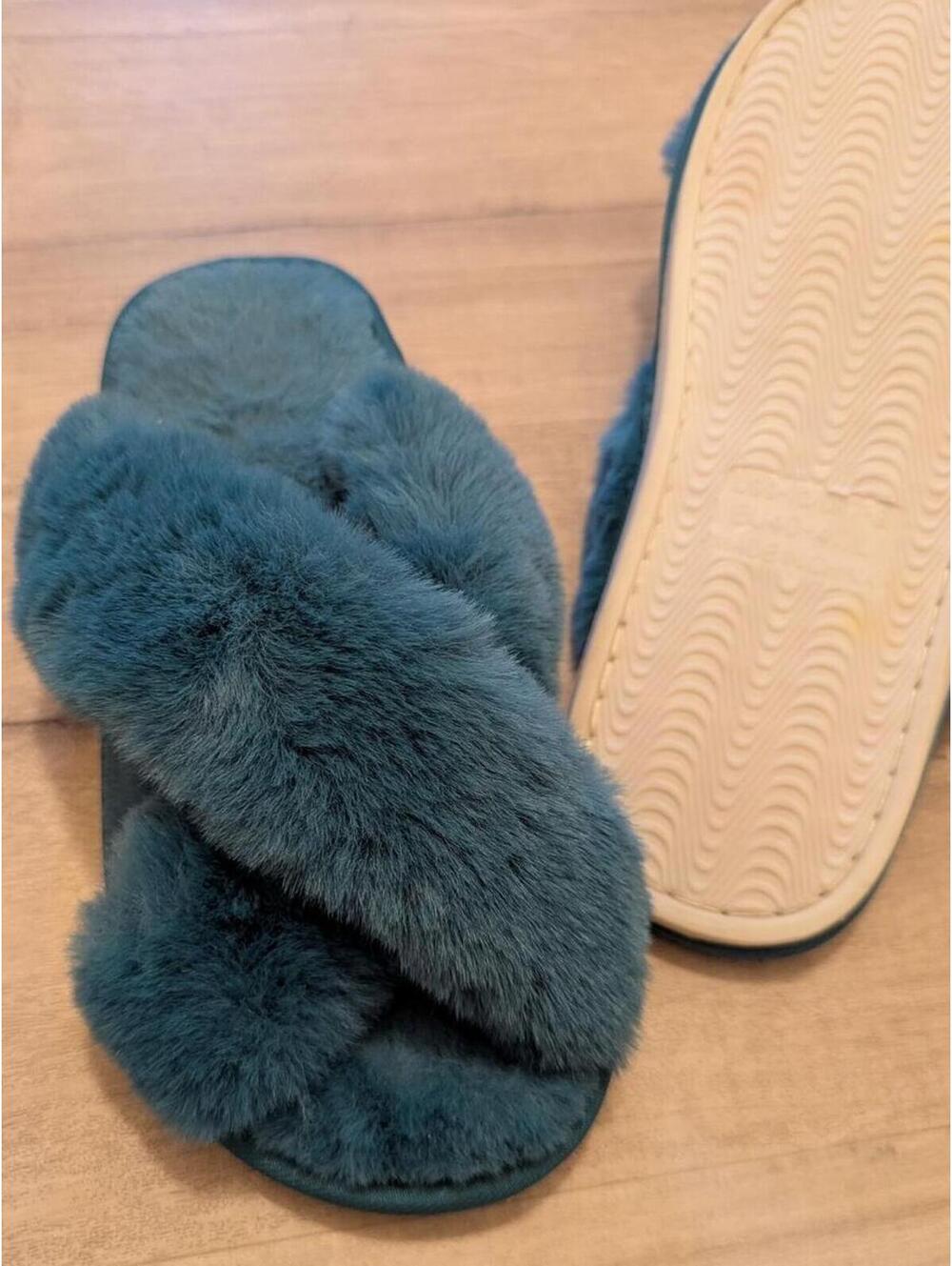 Sz.10 . Teal Ankis Women's Fuzzy Slippers Cross Band Memory Foam Open Toe Comfy